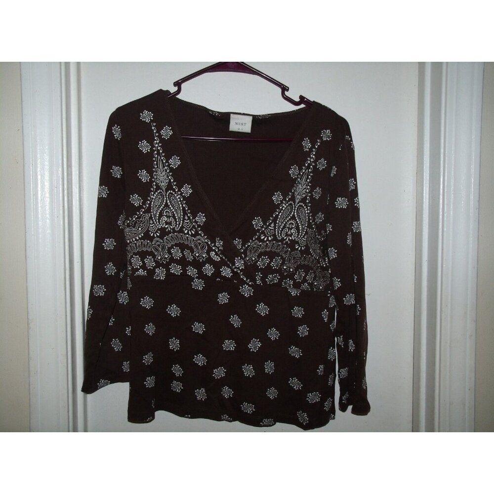 Next Brown Paisley Babydoll Top Long Sleeve Cotton Blouse US 8 UK 12